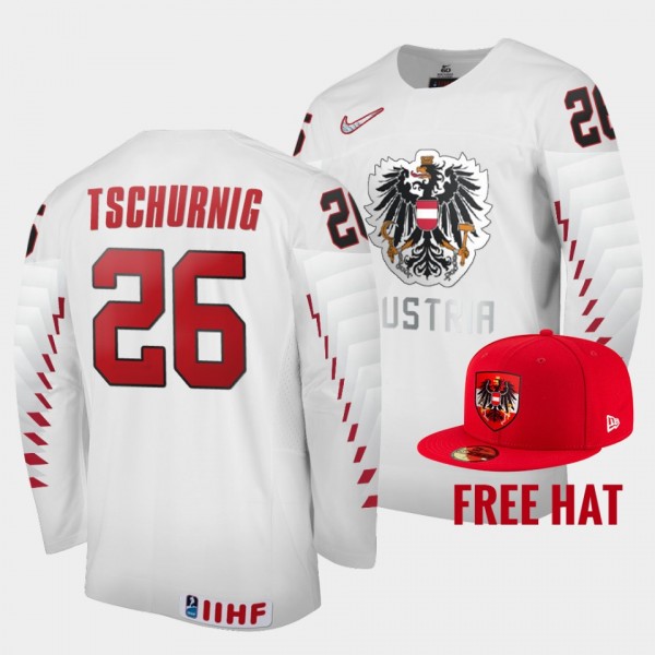Austria Hockey #26 Johannes Tschurnig 2022 IIHF World Junior Championship White Jersey Free Hat