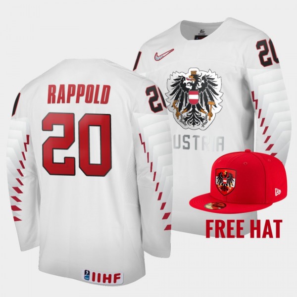 Austria Hockey #20 Kilian Rappold 2022 IIHF World Junior Championship White Jersey Free Hat