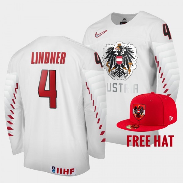 Austria Hockey #4 Lorenz Lindner 2022 IIHF World Junior Championship White Jersey Free Hat