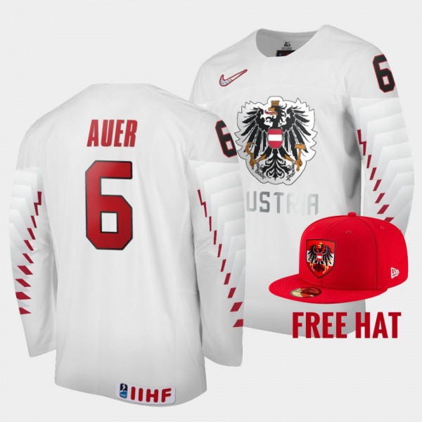 Austria Hockey #6 Luca Auer 2022 IIHF World Junior Championship White Jersey Free Hat