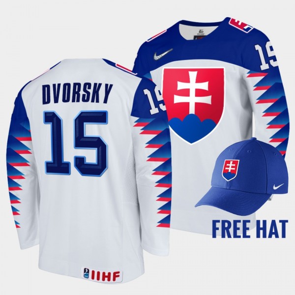 Slovakia Hockey #15 Dalibor Dvorsky 2022 IIHF World Junior Championship White Jersey Free Hat