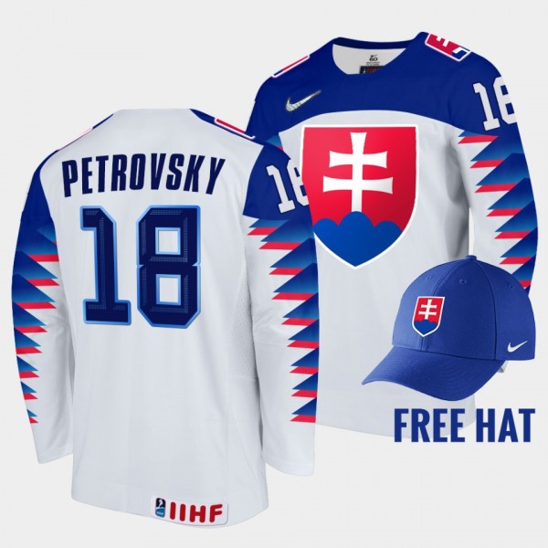 Slovakia Hockey #18 Servac Petrovsky 2022 IIHF World Junior Championship White Jersey Free Hat