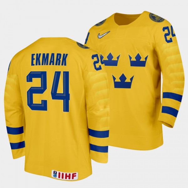 Sweden Hockey #24 Elliot Ekmark 2022 IIHF World Junior Championship Gold Jersey Home