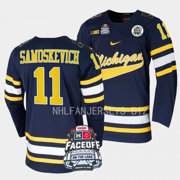Michigan Wolverines Mackie Samoskevich Faceoff On The Lake Navy 2023 Hockey Jersey