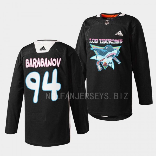 San Jose Sharks 2022 Los Tiburones Alexander Barabanov #94 Black Specialty Warm-Up Jersey Men's