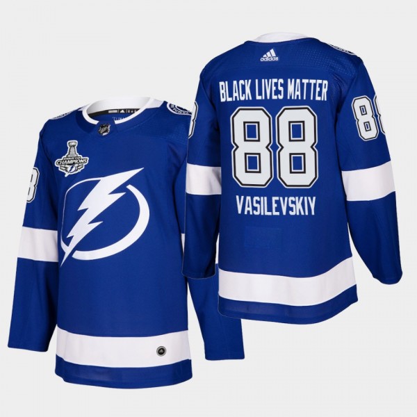 Tampa Bay Lightning Andrei Vasilevskiy Black Lives Matter 2020 Stanley Cup Champions Blue Men Jersey