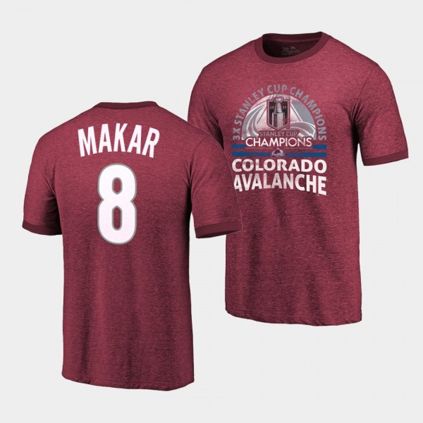 Colorado Avalanche 3-Time Stanley Cup Champs Cale Makar #8 Burgundy T-Shirt Ringers