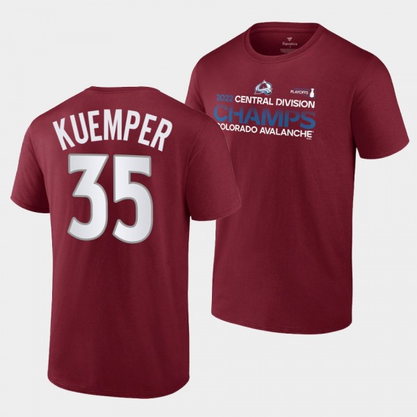 Colorado Avalanche Darcy Kuemper 2022 Central Division Champions Big Tall Burgundy #35 T-Shirt