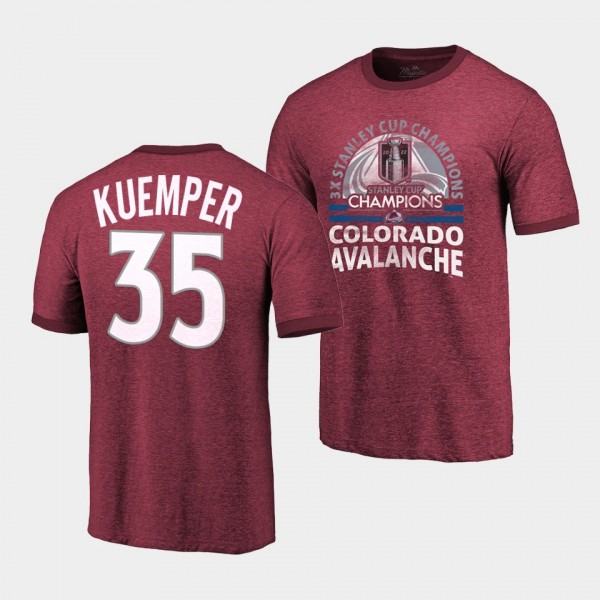 Colorado Avalanche 3-Time Stanley Cup Champs Darcy Kuemper #35 Burgundy T-Shirt Ringers