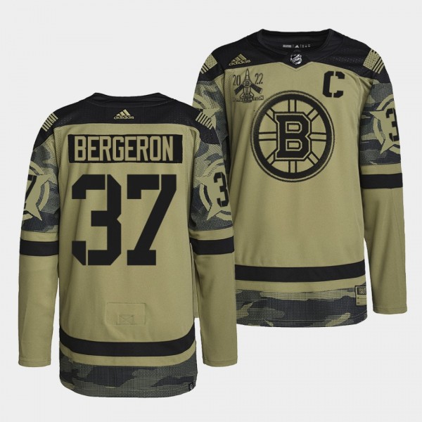 Boston Bruins 37 Patrice Bergeron Primegreen Authentic Camo Jersey 2022 Military Appreciation Night