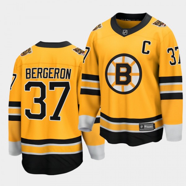 Patrice Bergeron Boston Bruins 2021 Special Edition Gold Reverse Retro Men Jersey