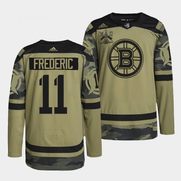Boston Bruins 11 Trent Frederic Primegreen Authentic Camo Jersey 2022 Military Appreciation Night