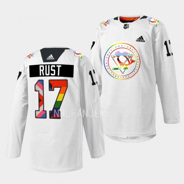 Pittsburgh Penguins 2022 Pride warmup Bryan Rust #17 White Jersey Rainbow