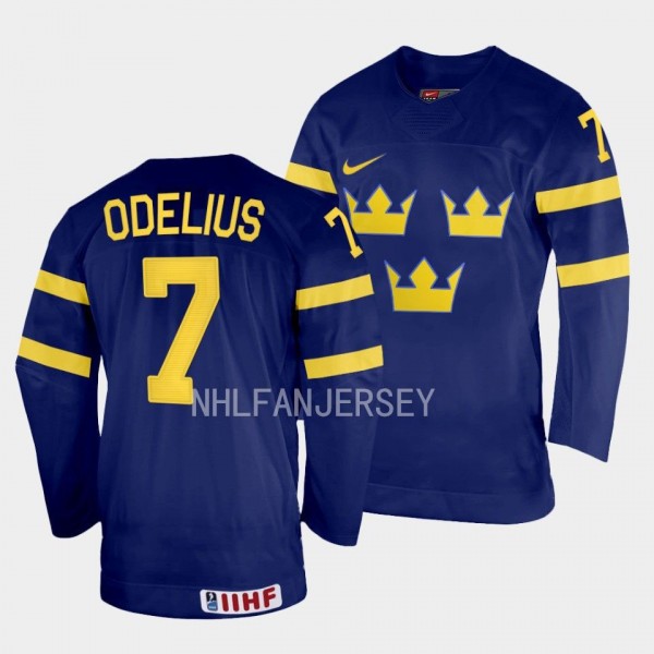 Sweden 2023 IIHF World Junior Championship Calle Odelius #7 Navy Jersey Away