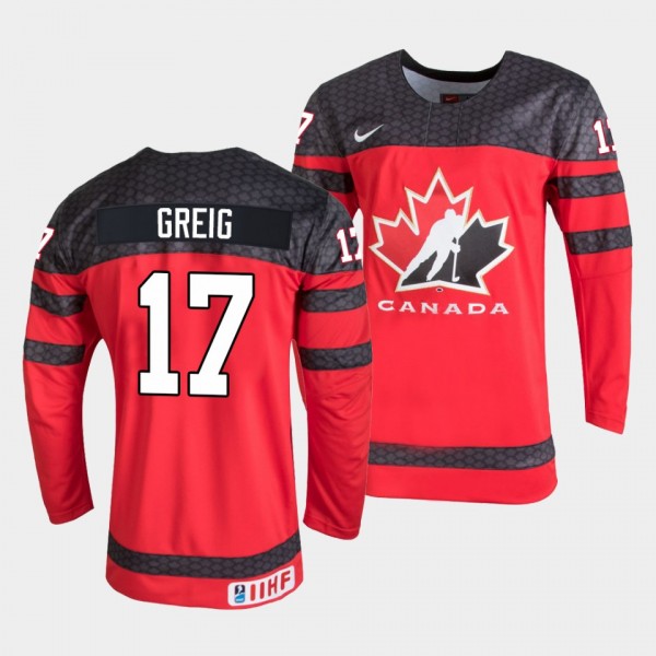 Canada Hockey #17 Ridly Greig 2022 IIHF World Junior Championship Red Jersey Away