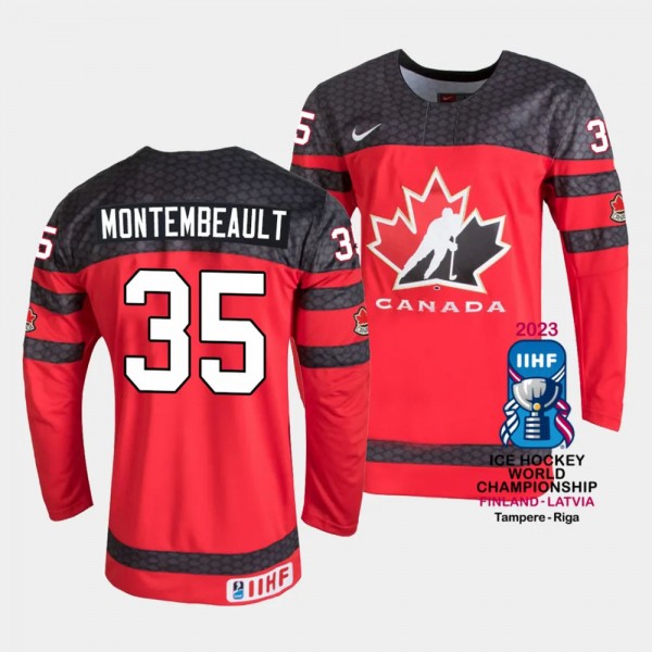 Canada #35 Sam Montembeault 2023 IIHF World Championship Away Jersey Red