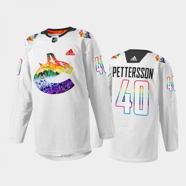Elias Pettersson Vancouver Canucks Pride Night Jersey White #40 Mio Artwork Warmup