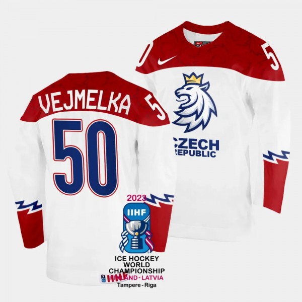 Czechia #50 Karel Vejmelka 2023 IIHF World Championship Home Jersey White