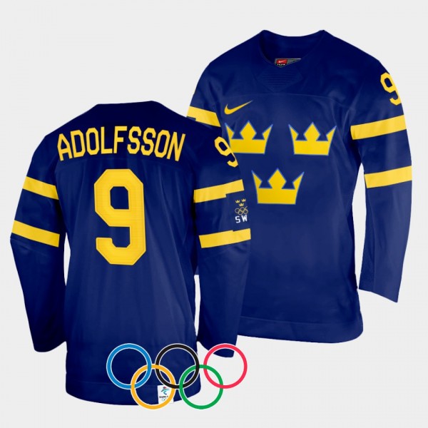 Sweden Women's Hockey #9 Jessica Adolfsson 2022 Winter Olympics Navy Jersey Away