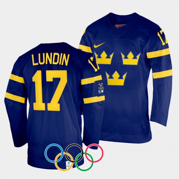 Sweden Women's Hockey #17 Sofie Lundin 2022 Winter Olympics Navy Jersey Away