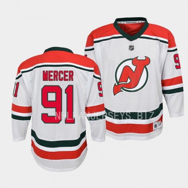 New Jersey Devils #91 Dawson Mercer 2022-23 Heritage Replica White Youth Jersey
