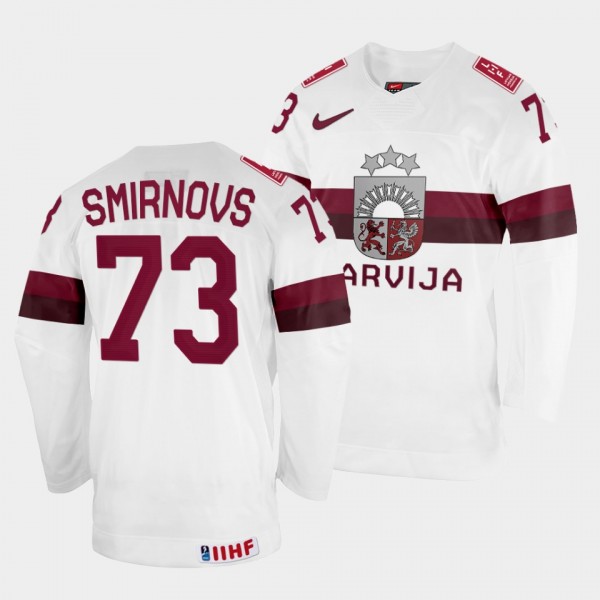 Latvijas 2022 IIHF World Championship Deniss Smirnovs #73 White Jersey Home