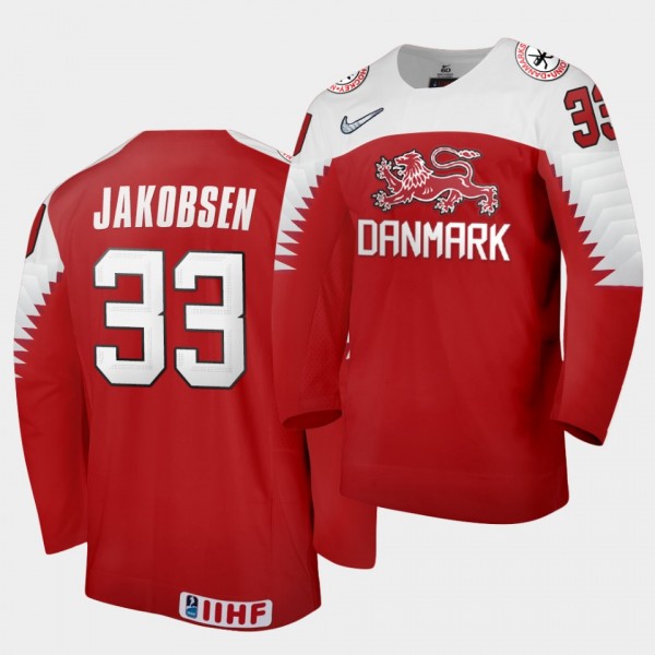 Julian Jakobsen Denmark Team 2021 IIHF World Championship Away Red Jersey