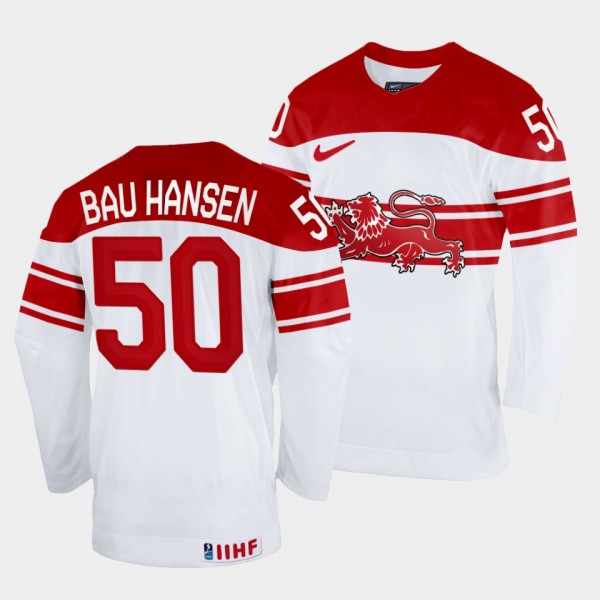 Denmark Hockey #50 Mathias Bau Hansen 2022 IIHF World Championship White Jersey Home