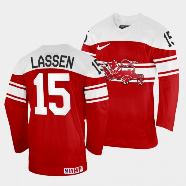 Matias Lassen 2022 IIHF World Championship Denmark Hockey #15 Red Jersey Away