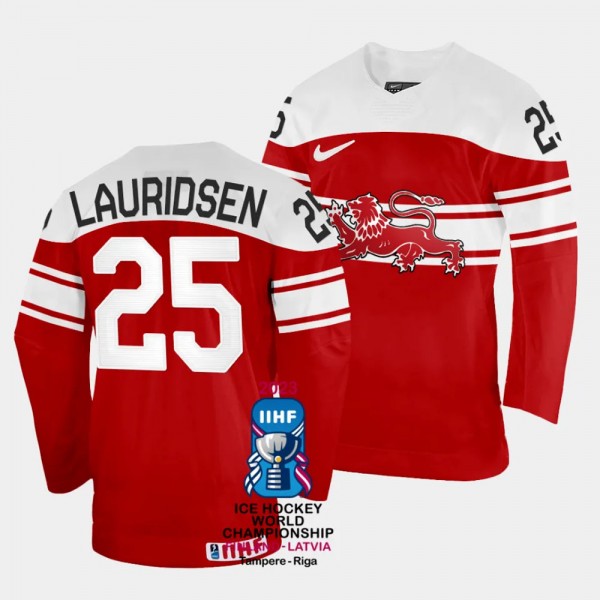 Denmark #25 Oliver Lauridsen 2023 IIHF World Championship Away Jersey Red