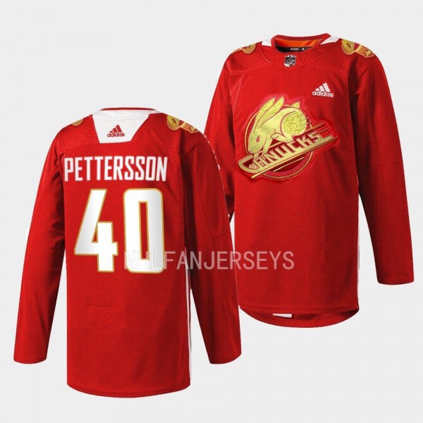 Vancouver Canucks 2023 Lunar New Year Elias Pettersson #40 Red Jersey Rabbit Warm-up