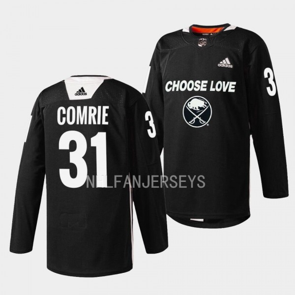 Buffalo Sabres 2023 Choose Love Night Eric Comrie #31 Black Jersey Warm-up