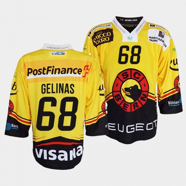 Eric Gelinas #68 SC Bern Jersey Men's 2022 Ice Hockey Yellow Club Shirt