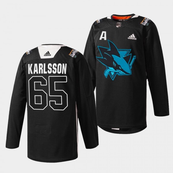 San Jose Sharks Erik Karlsson Black History Month #65 Black Jersey Warmup