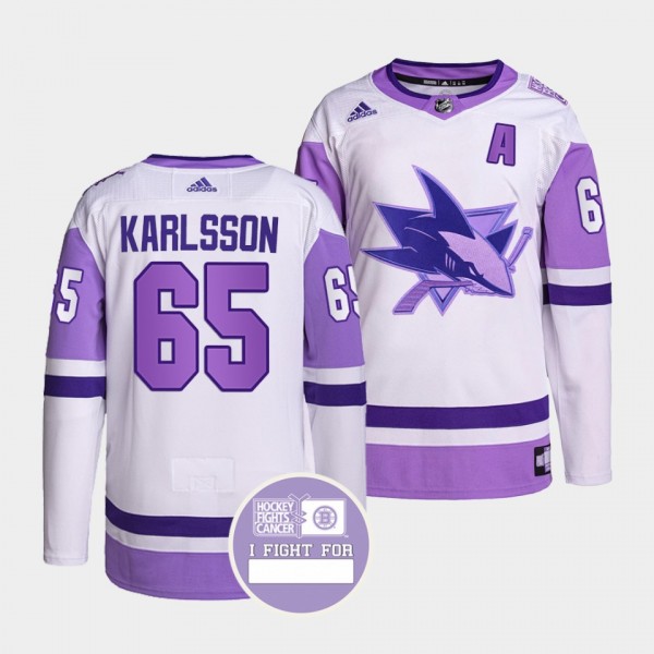 San Jose Sharks Erik Karlsson Hockey Fights Cancer Jersey #65 White Purple Primegreen