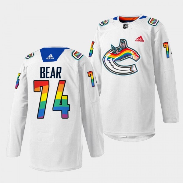 2023 Pride Night Ethan Bear Vancouver Canucks White #74 Rainbow Jersey