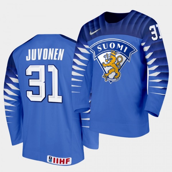 Finland Team Janne Juvonen 2021 IIHF World Championship #31 Away Blue Jersey