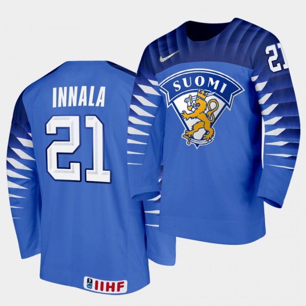 Finland Team Jere Innala 2021 IIHF World Championship #21 Away Blue Jersey