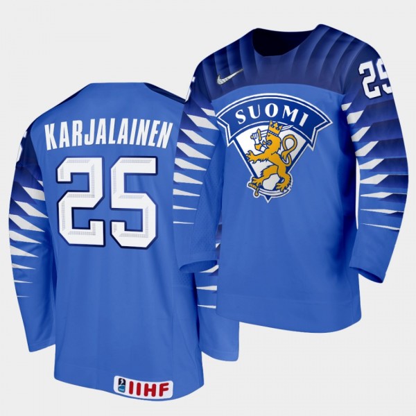 Finland Team Jere Karjalainen 2021 IIHF World Championship #25 Away Blue Jersey