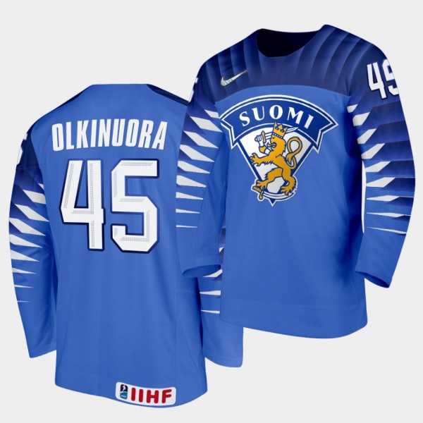 Finland Team Juho Olkinuora 2021 IIHF World Championship #45 Away Blue Jersey