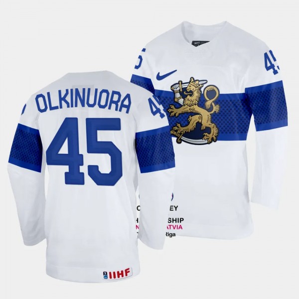 Jussi Olkinuora 2023 IIHF World Championship Finland #45 White Home Jersey Men