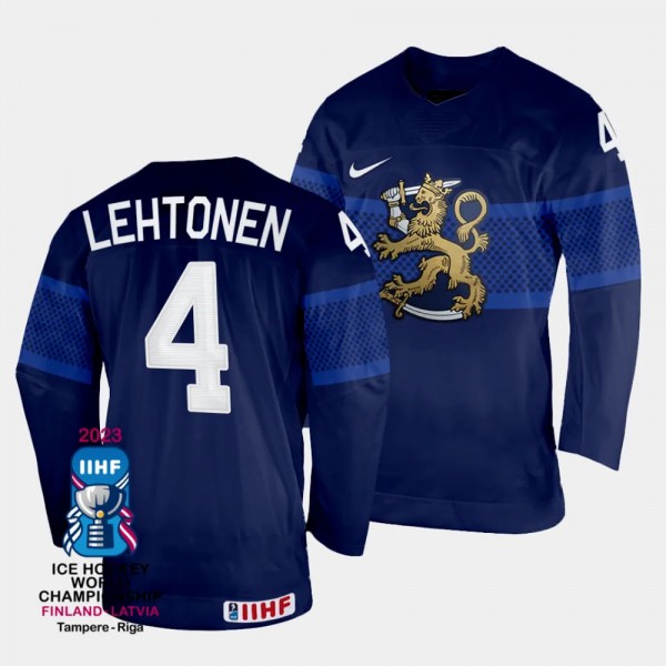 Finland #4 Mikko Lehtonen 2023 IIHF World Championship Away Jersey Navy