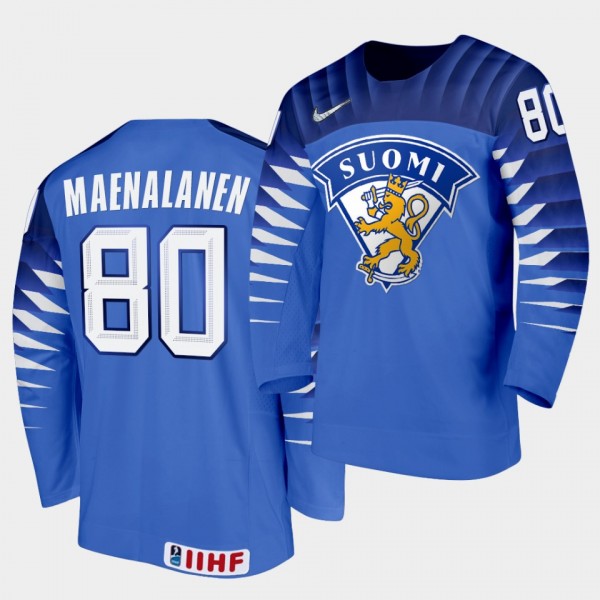 Finland Team Saku Maenalanen 2021 IIHF World Championship #80 Away Blue Jersey