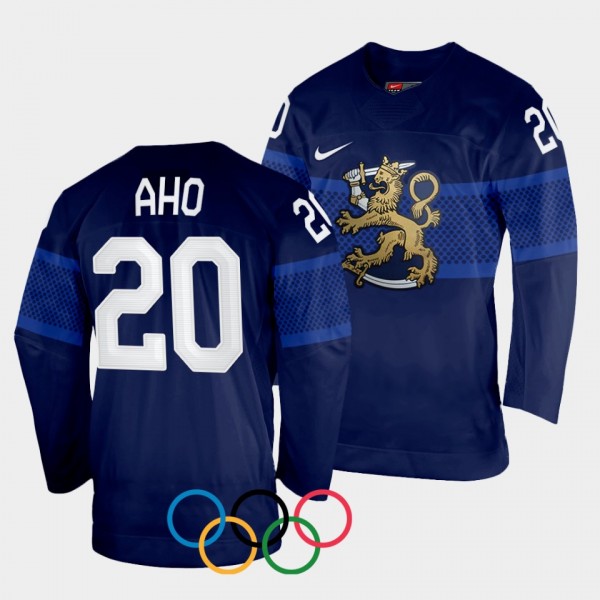 Sebastian Aho Finland Hockey 2022 Beijing Olympics Away Jersey Navy