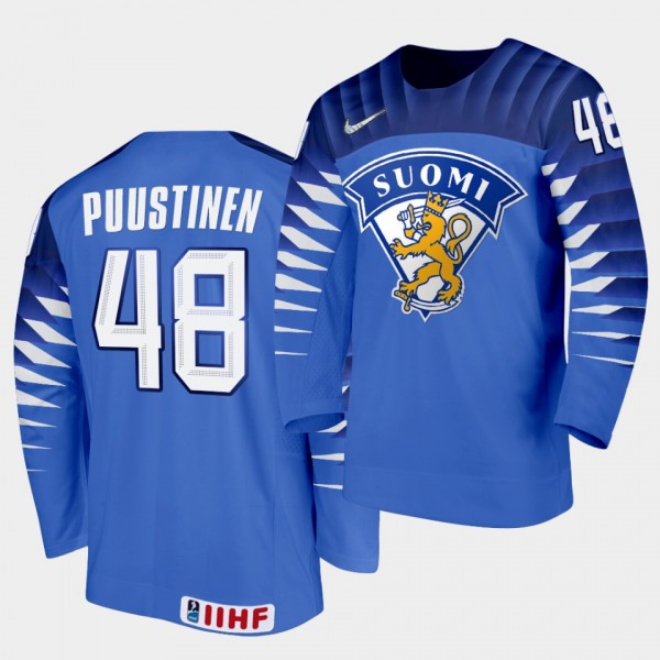 Finland Team Valtteri Puustinen 2021 IIHF World Championship #48 Away Blue Jersey