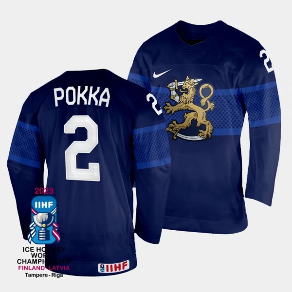 Finland #2 Ville Pokka 2023 IIHF World Championship Away Jersey Navy