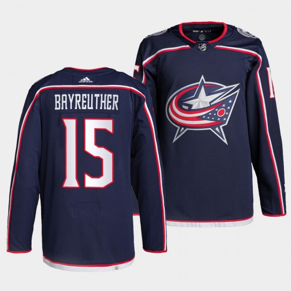 Gavin Bayreuther #15 Columbus Blue Jackets 2022-23 Authentic Primegreen Navy Jersey Home