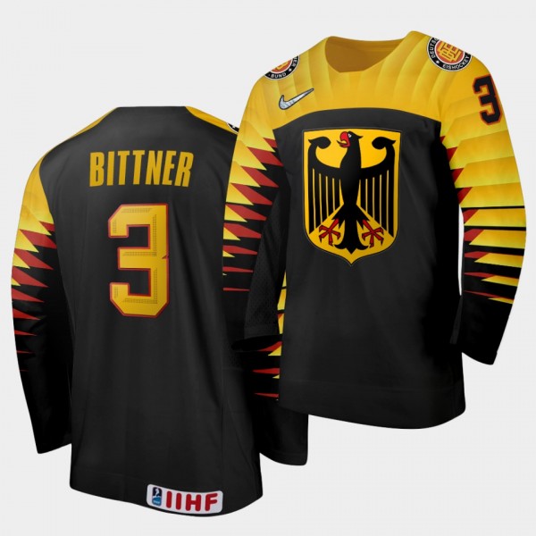 Germany Team Dominik Bittner 2021 IIHF World Championship #3 Away Black Jersey