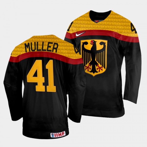 Jonas Muller 2022 IIHF World Championship Germany Hockey #41 Black Jersey Away
