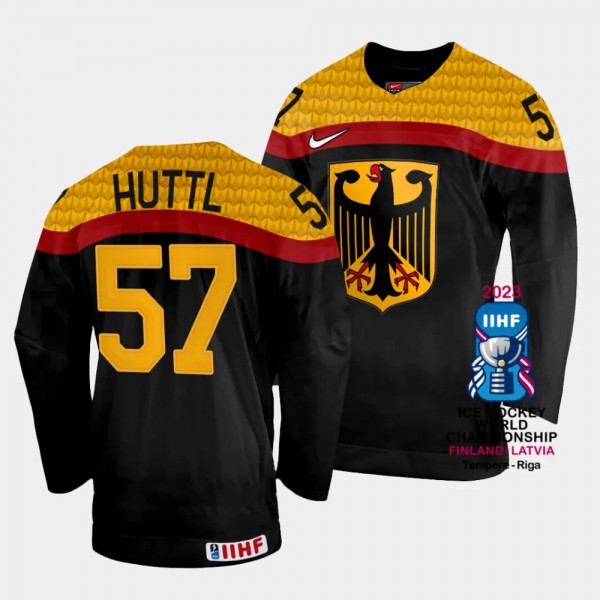 Leon Huttl 2023 IIHF World Championship Germany #57 Black Away Jersey Men